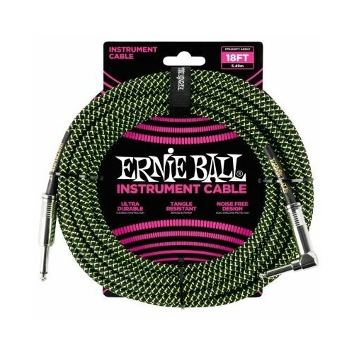 Ernie Ball 6082 кабель инструментальный, оплетёный, 5,49 м, прямой/угловой джеки, чёрно-зелёный.