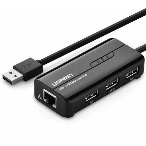 Адаптер UGREEN (20264) USB 2.0 10/100Mbps Network Adapter + 3-портовый USB-A концентратор. Цвет: черный