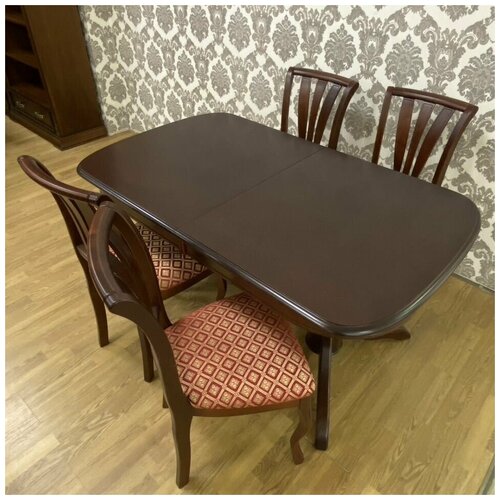 Обеденная группа Стол кухонный деревянный раздвижной Стул кухонный 4шт деревянный жесткая спинка мягкое сиденье красно-коричневый обивка ткань