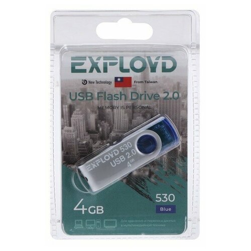 Флешка Exployd 530, 4 Гб, USB2.0, чт до 15 Мб/с, зап до 8 Мб/с, синяя