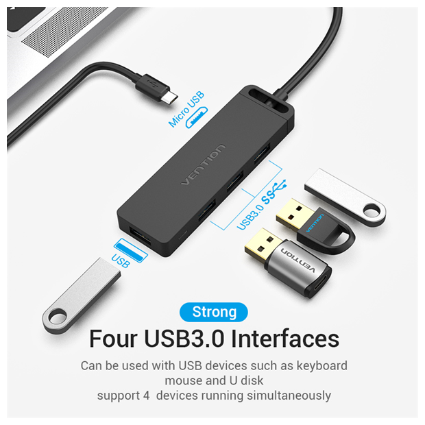 Порт-репликатор Vention Type-C to 4-Port USB 3.0 Hub with Power Supply Black 0.15M ABS Type (TGKBB) - фото №2