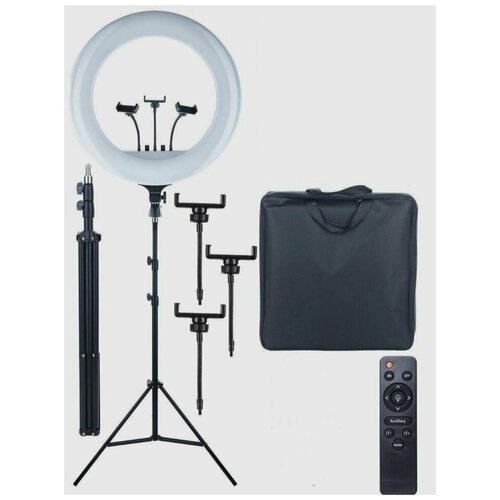 Кольцевая лампа RL-18 диаметром 45 см со штативом 210 см чехлом тремя держателями для смартфонов и пультом дистанционного управления 660000₽