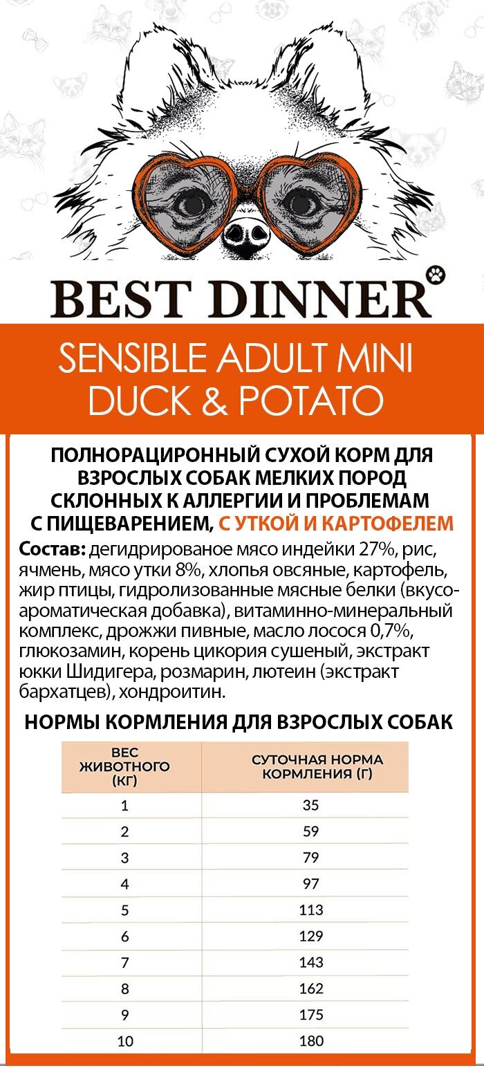 для мелк.пород склонн.к аллергии и пробл.с пищ., утка с картоф. сух.1,5кг Best Dinner - фото №13