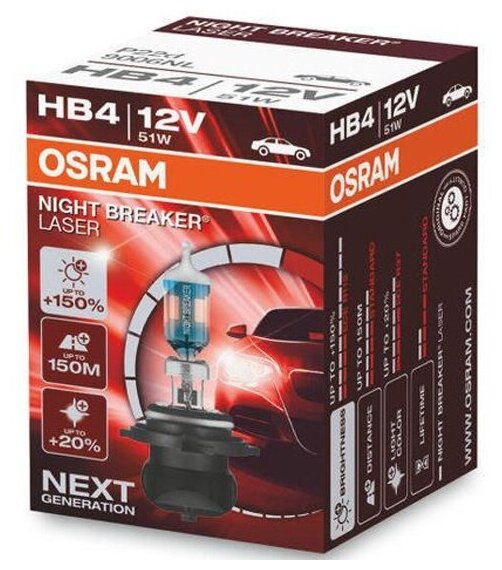 Лампа галогенная Osram HB4 51W P22d+150% Night Breaker Laser 3950K 12V, 9006NL