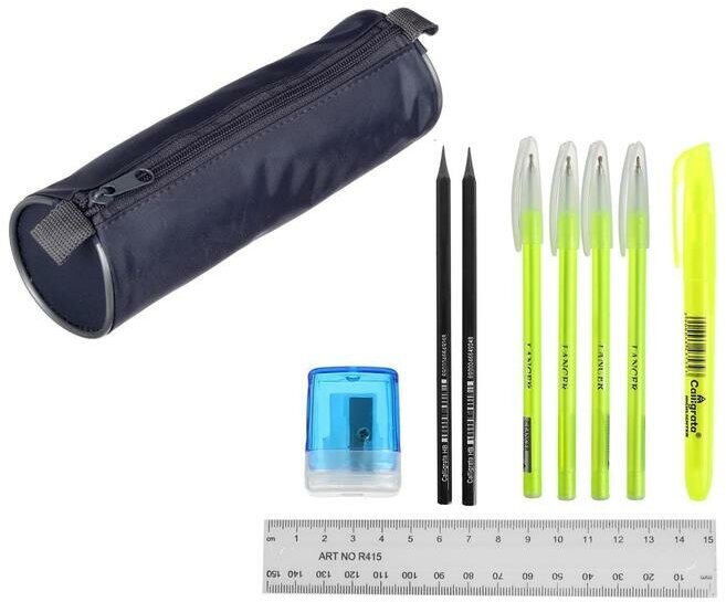 Набор канцелярский 10 предметов (Пенал-тубус 65 х 210 мм, ручки 4 штуки цвет синий , линейка 15 см, точилка, карандаш 2 штуки, маркер-текстовыделитель), цвет серый
