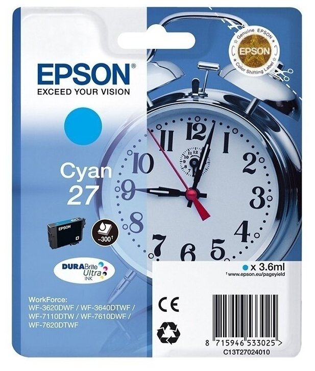 Картридж Epson 27 - C13T27024022 струйный картридж Epson (C13T27024022) 300 стр, Голубой