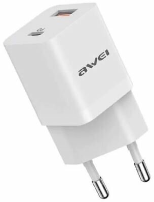 Сетевое зарядное устройство Адаптер Блок питания Awei PD12 USB+PD 20W Type-C USB-C 3A белое