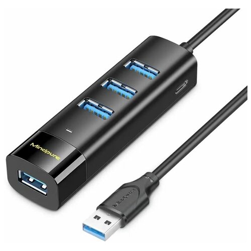 USB концентратор Хаб / Hub 3.0 4 USB + Type-C разъем питания Mindpure US022 17cм Черный usb концентратор хаб hub 4 в 1 type c usb3 0х3 rj45 mindpure hu006