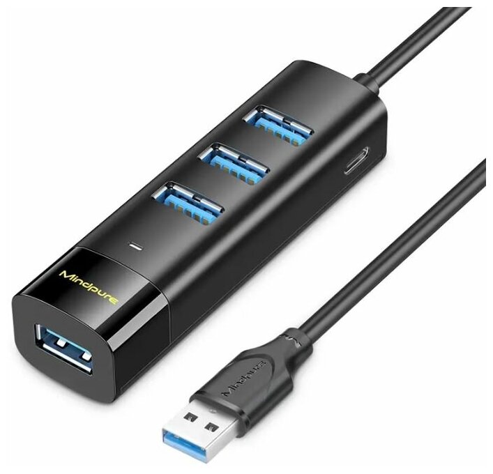 USB концентратор Хаб / Hub 3.0 4 USB + Type-C разъем питания Mindpure US022 17cм Черный