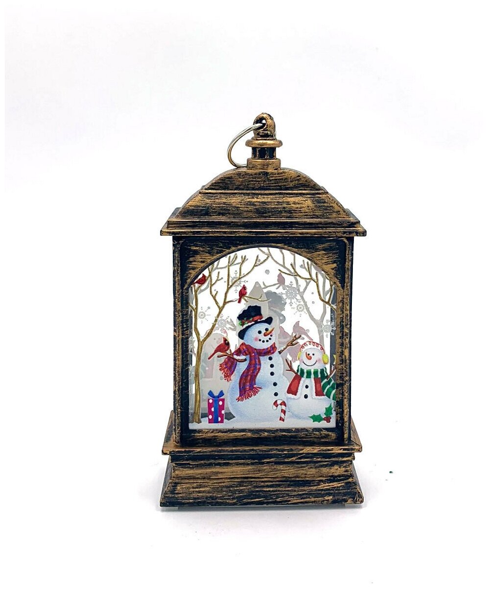 Елочное украшение светильник новогодний фонарь с подсветкой "Два снеговичка" 12см