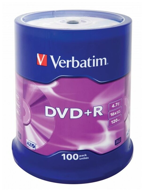 Диск DVD+R Verbatim 4.7Gb 16x Cake Box (100шт) (43551)