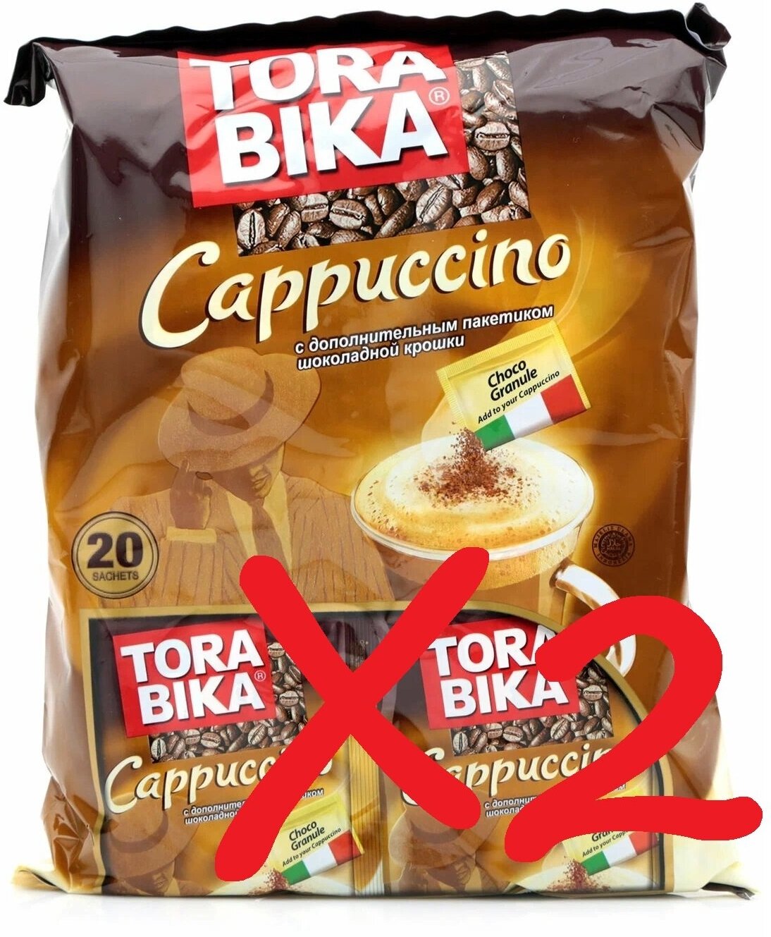 Кофе растворимый Torabika Cappuccino с дополнительным пакетиком шоколадной крошки, в пакетиках, 2 упаковки х 20шт х25г, 1000 г - фотография № 1
