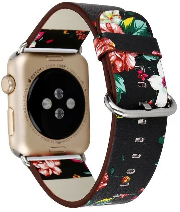 Сменный ремешок-браслет MyPads Antico из натуральной кожи для умных смарт-часов Apple Watch Series 3 38/ 42mm с металлической застежкой и тематикой Сады Британии (42mm Черный с красным цветком)