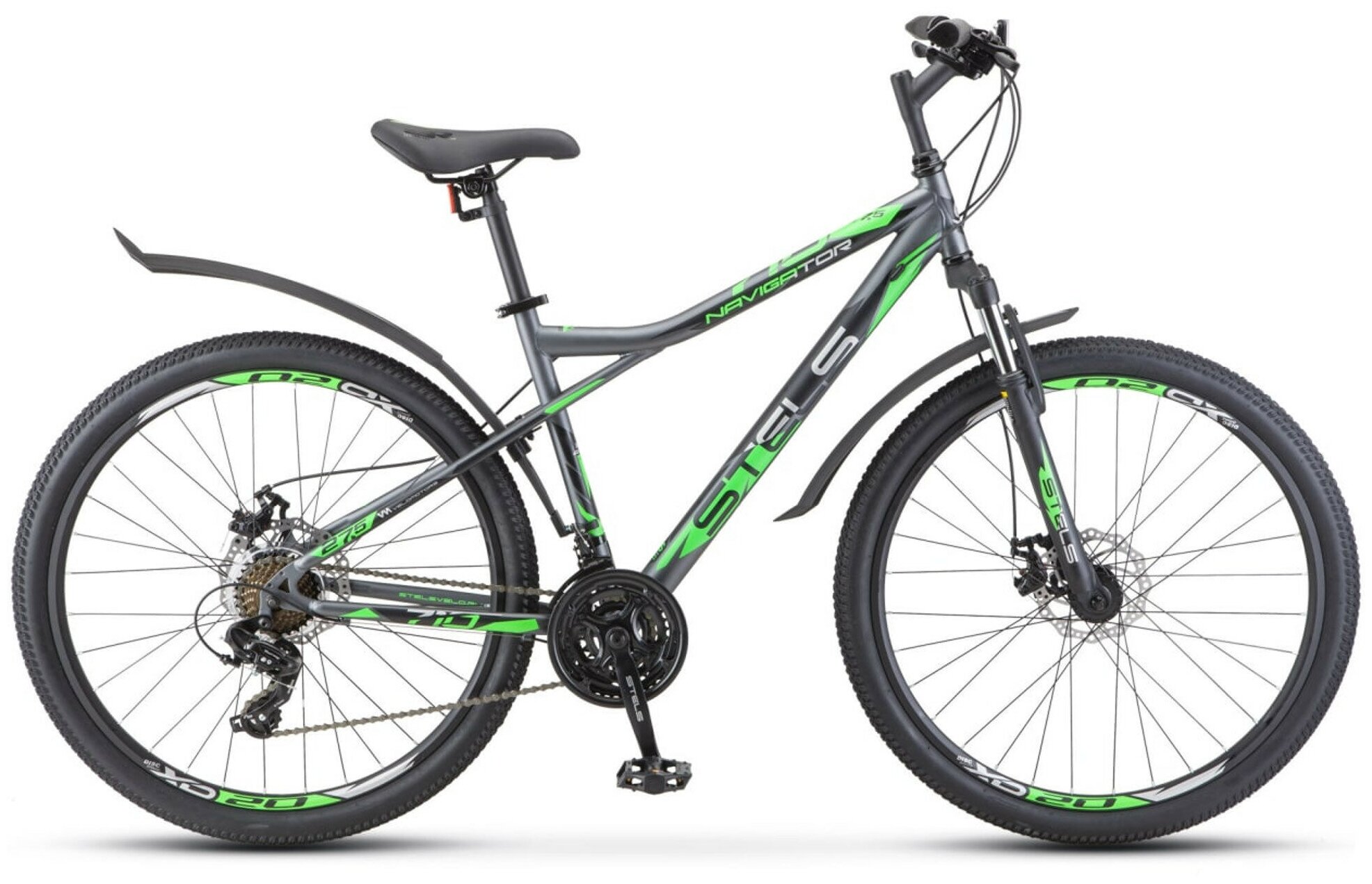 Горный велосипед STELS Navigator 710 MD 27.5 V020, рама 16", Антрацитовый/Зеленый/Черный