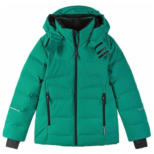 фото Горнолыжная куртка reima детская, капюшон, карманы, светоотражающие элементы, утепленная, водонепроницаемая, размер 122, зеленый