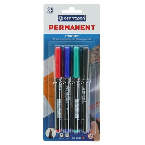 Набор маркеров перманентных 4 цвета, 2.0 мм Centropen, линия 1 мм, блистер, европодвес, 1 набор