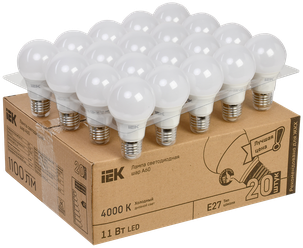 Лампа LED A60 шар 11Вт 230В 4000К E27 (20шт/жкхпак), IEK LLE-A60-11-230-40-E27-20 (1 упак)