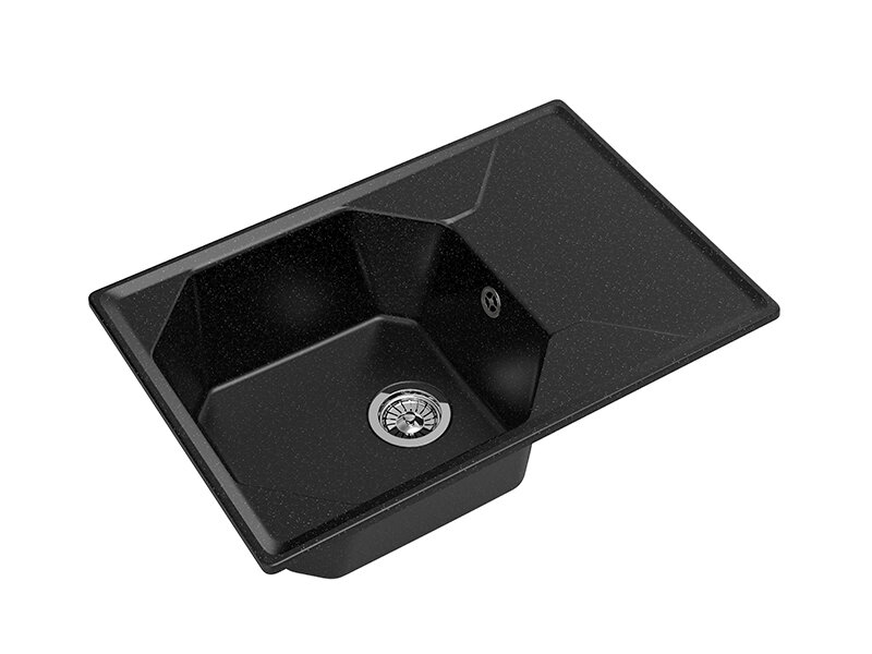 фото Кухонная мраморная мойка GranFest UNIQUE GF-U-740L, прямоугольная, оборачиваемая, с сифоном и переливом, 740x500 мм, цвет черный/Раковина для кухни
