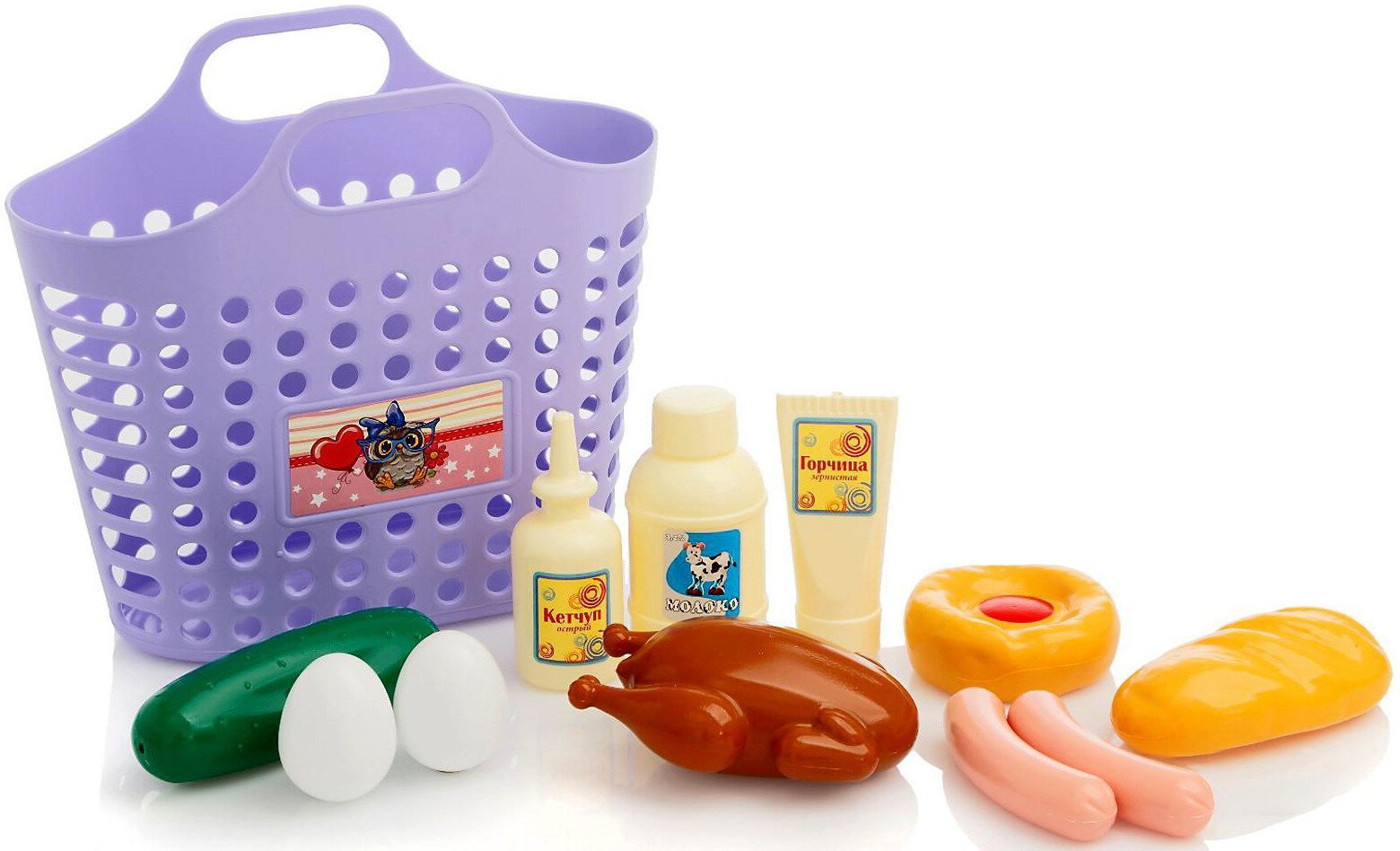 Детский игровой набор "Продуктовая корзинка", сюжетно-ролевая игра в магазин, 11 пластиковых фигурок продуктов + корзина