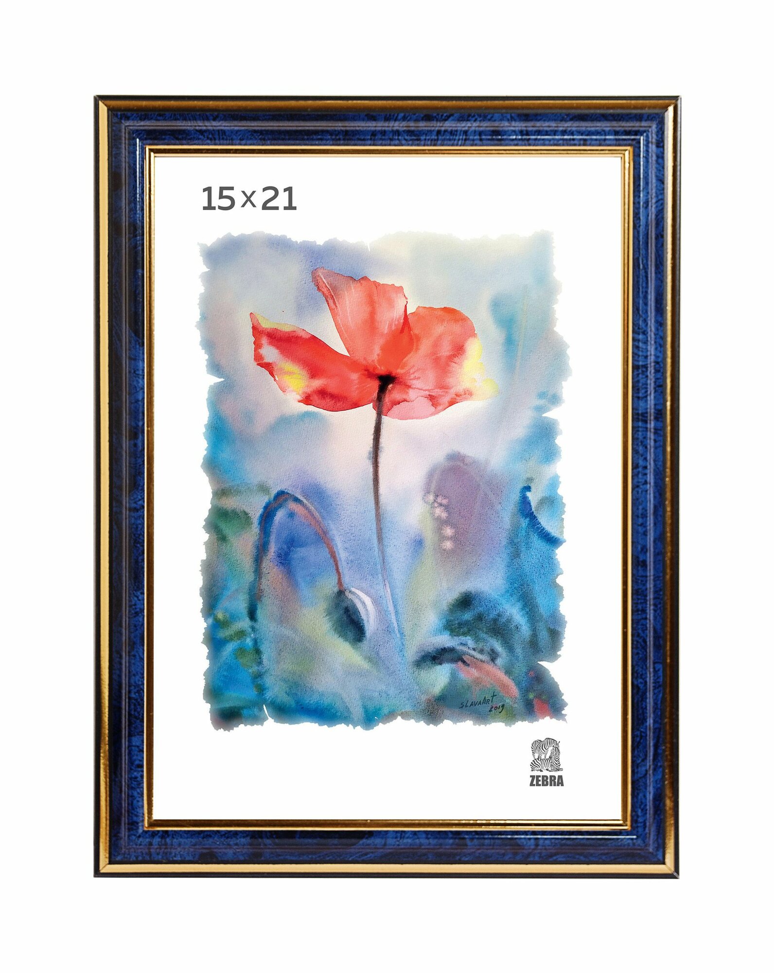 Пластиковая рамка для фото 15х21 см. Синяя с золотым кантом.