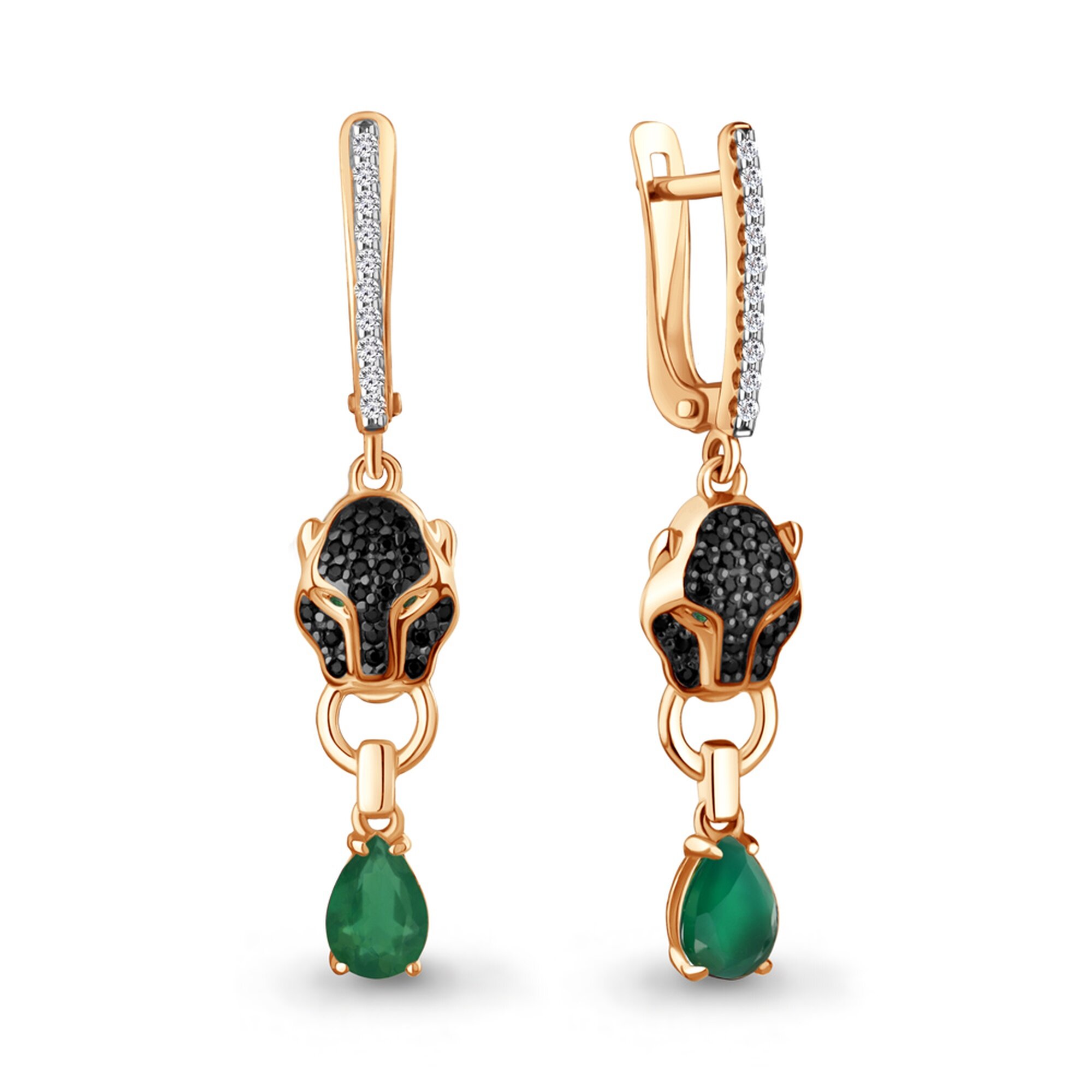 Серьги с подвесками Diamant online, серебро, 925 проба, золочение, изумруд синтетический, кристалл, агат, фианит, длина 4.1 см, , серебристый