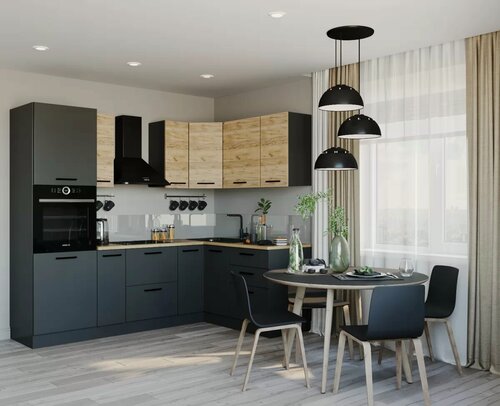 Изображение товара Кухонный гарнитур Sanvut угловой Дели 2400x1600 столешница 26 мм, каркас ЛДСП, фасад ЛДСП, Антрацит/Дуб крафт