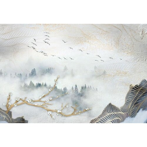 Фотообои DeliceDecor И 779-2 Туманный лес ветвь с цветами птицы 400х270см