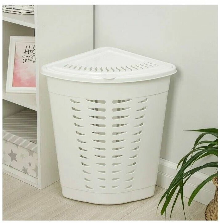 фото Корзина для белья угловая с крышкой, 45 л, 38×38×56 см, цвет белый