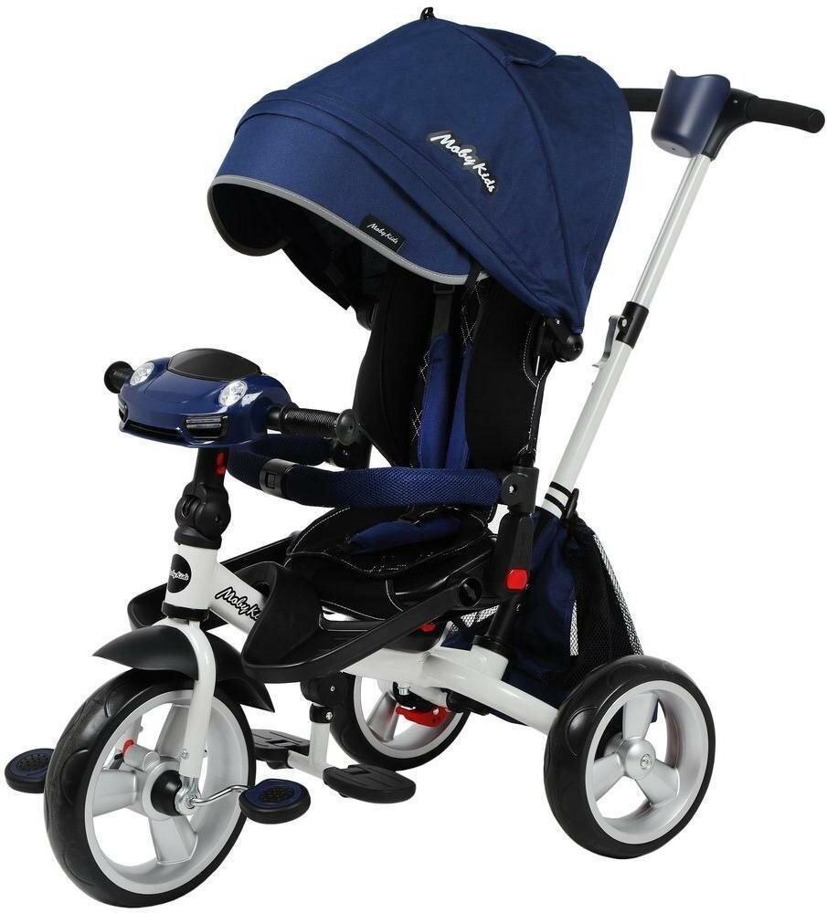 Велосипед трехколесный детский Moby Kids,синий, пен.кол.12/10",поворотн.сиден, музык.USB,блок,функция свободн.колеса,сумка