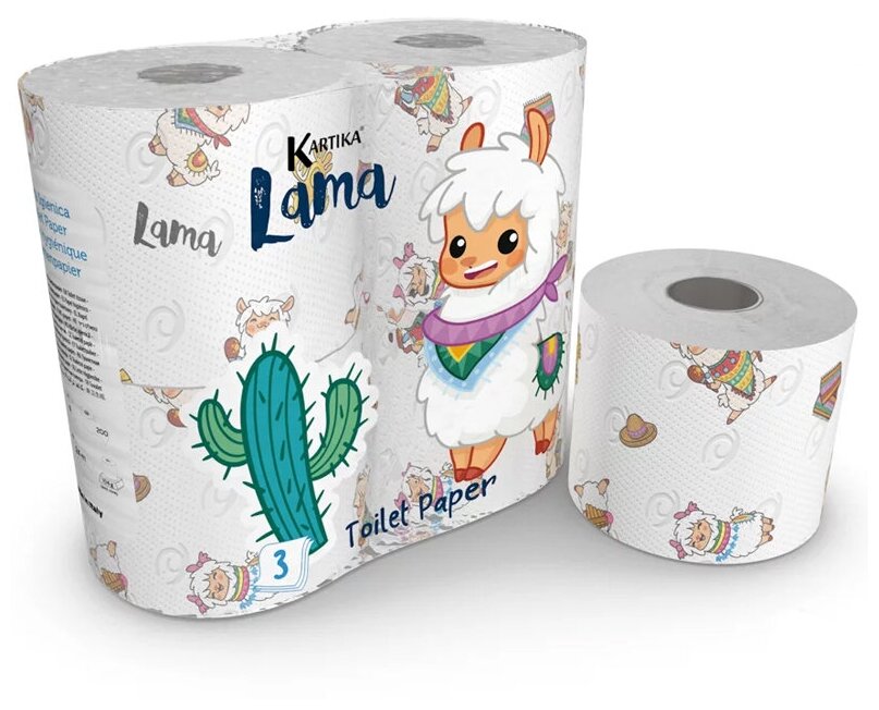 Туалетная бумага "Лама" с рисунком, Kartika Collection, 3 сл, 4 рул/200 л, World Cart