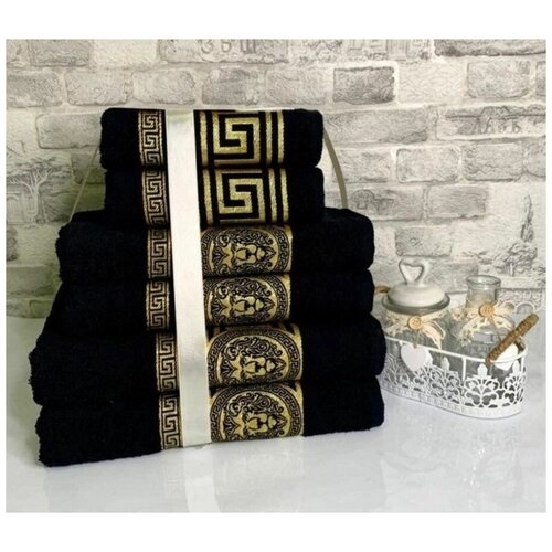 Набор полотенец Versace из хлопковой махры, 70 х 130 см, 50 х 90 см, 35 х 60 см, черный, 6 шт.
