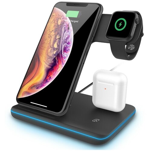 Зарядная станция беспроводная 3 в 1: iPhone, Apple Watch, Airpods, 15Вт (черная) беспроводное зарядное устройство для нескольких устройств apple 3 в 1 беспроводная зарядная станция док станция для iphone 14 13 12 watch 8 7 6 se airpods pro