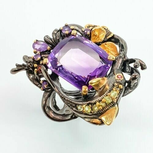 Кольцо помолвочное, серебро, 925 проба, чернение, перидот, гранат, размер 18, фиолетовый, желтый