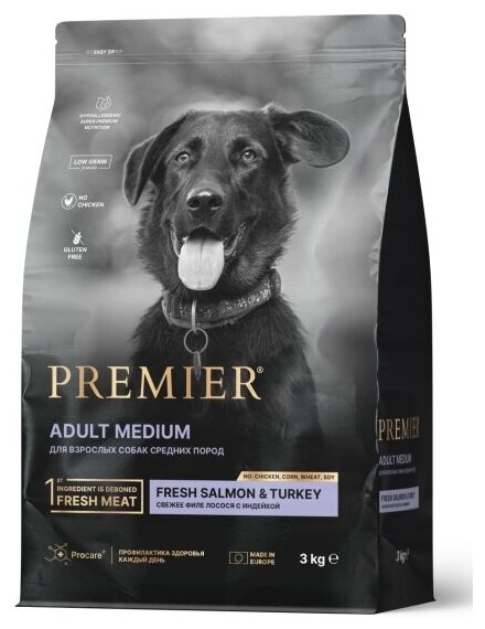 Корм сухой Premier Pet Premier Лосось с индейкой для взрослых собак средних пород, 3 кг