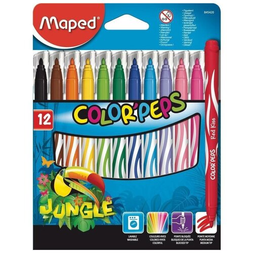 Набор фломастеров 12 цветов Maped Color'Peps Jungle (линия 2,8мм, смываемые) картонная упаковка, 12 уп. (845420)