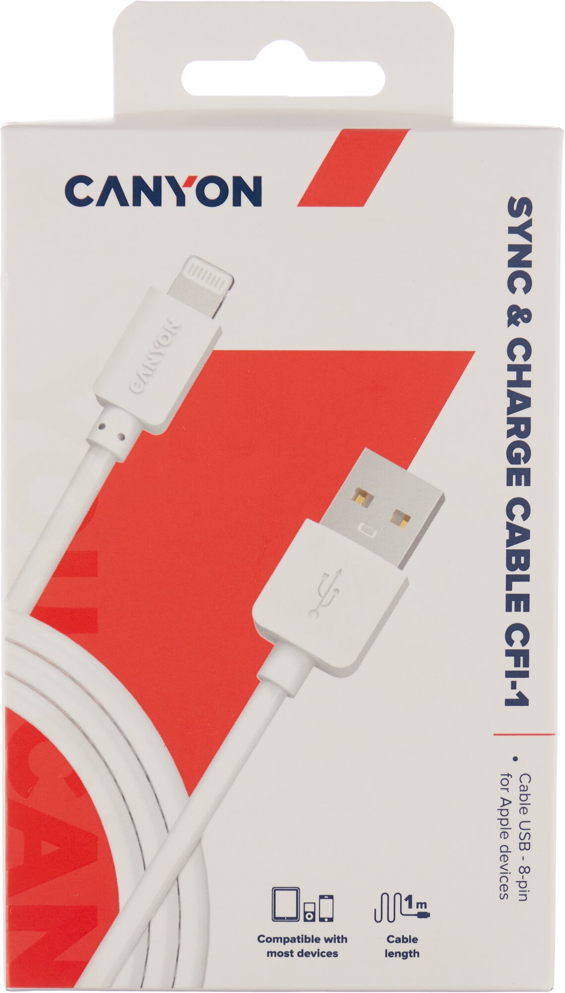 Кабель для iPad / iPhone 8-pin Lightning - USB 2.0 Canyon CFI-1, 1м., белый