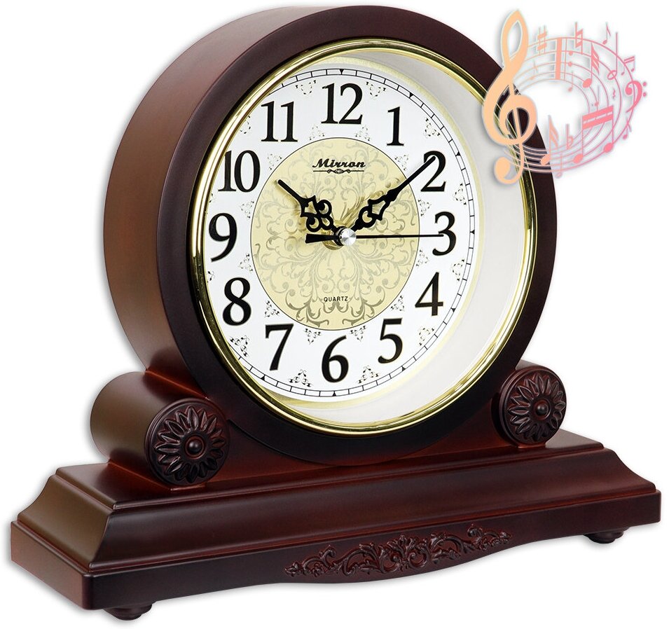 Фигурные классические настольные часы MIRRON SN24C-1 ТДБ/Коричневые часы/Часы с белым большим циферблатом/Часы с мелодией и боем/Часы с узорами/Большие арабские цифры/Металлический циферблат