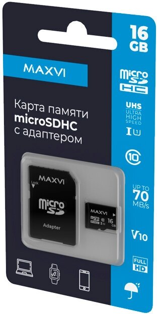 Карта памяти Maxvi microSDHC 16GB, class 10, UHS-I (1), V10, (MSD16GBC10V10) с адаптером