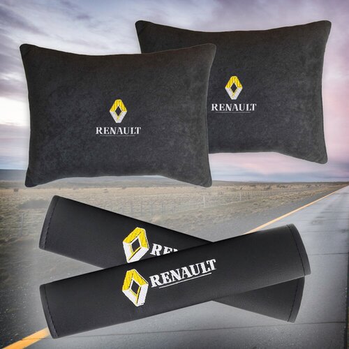 Подарочный набор автомобилиста из черного велюра для Renault (рено) (две автомобильные подушки и накладки на ремень безопасности)