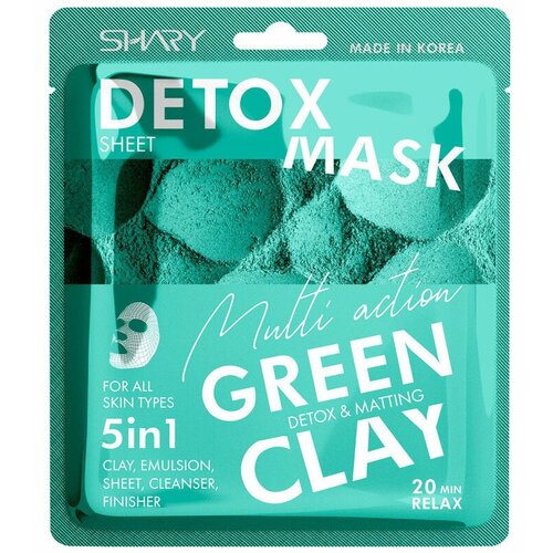Очищающая тканевая маска-эмульсия Shary для лица 5 в 1 Зелёная глина, 25 г Shary 6534889 .