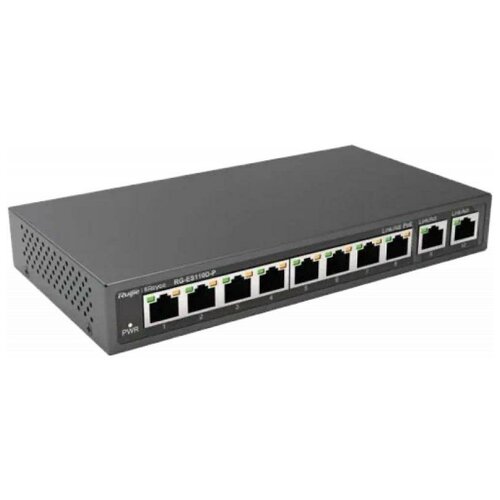 Reyee 8-Port 100Mbps + 2 Uplink Port 1000Mbps, 8 of the ports support PoE/PoE+ power supply. Max PoE power budget is 110W, unmanaged switch, desktop