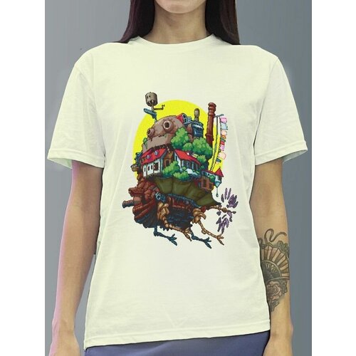 фото Футболка женская белая молочный оттенок из хлопка с dtf рисунком howl's moving castlel аниме - 1158 будь на стиле