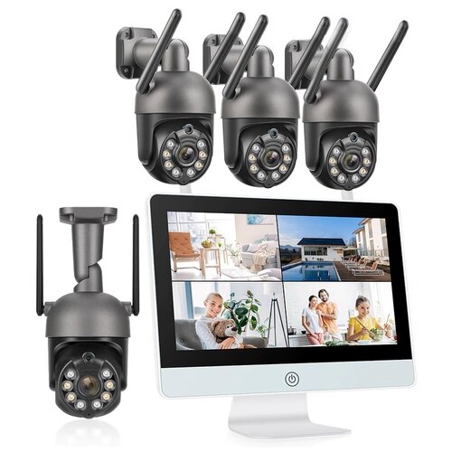 Беспроводной цифровой готовый IP WiFi комплект видеонаблюдения на 4 поворотные камеры со звуком и монитором для улицы и дома Millenium LCD 3048 PTZ