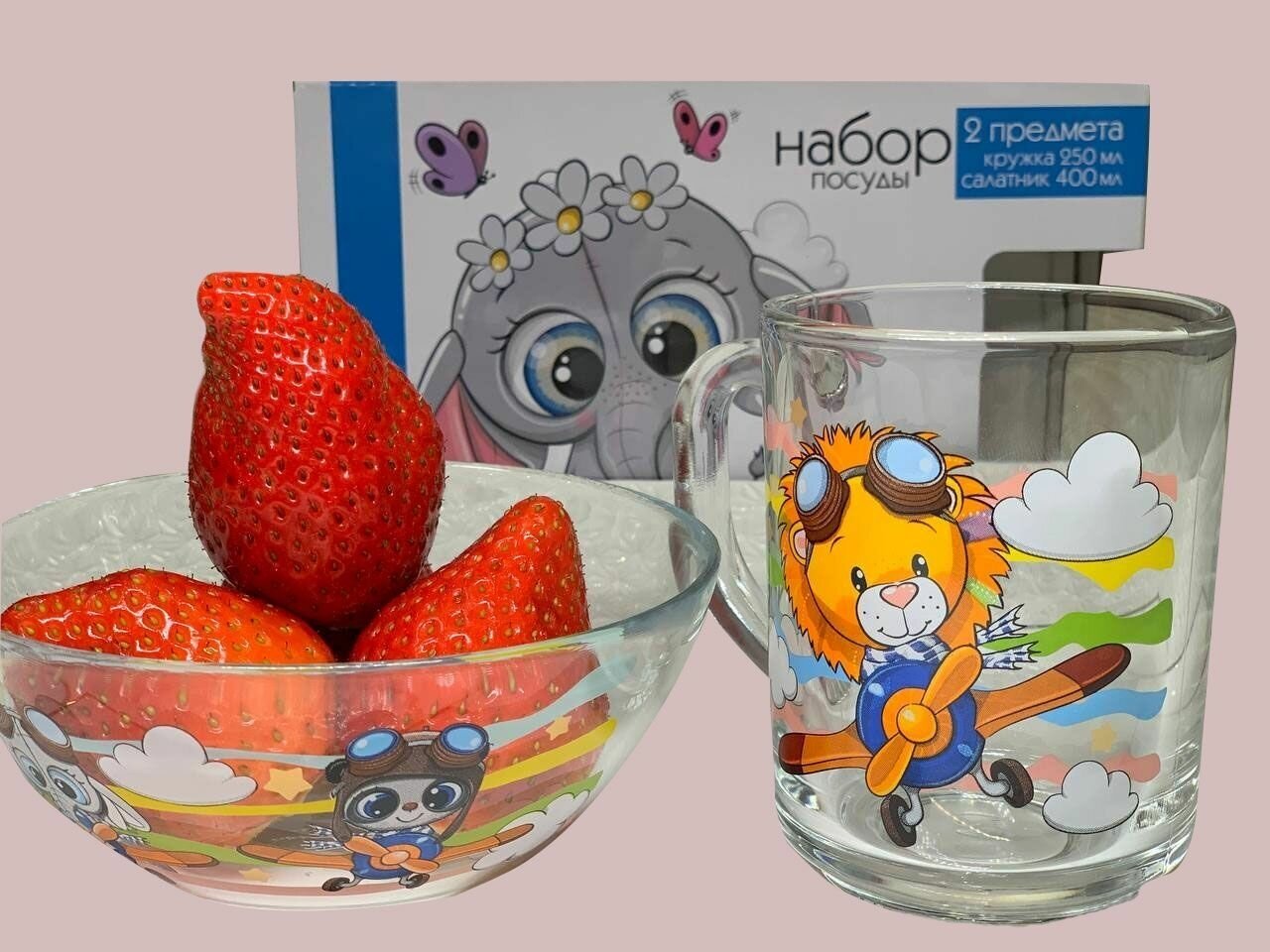 Набор детской посуды для завтрака Слонёнок экологически чистое стекло/ кружка 250мл и салатник 400мл