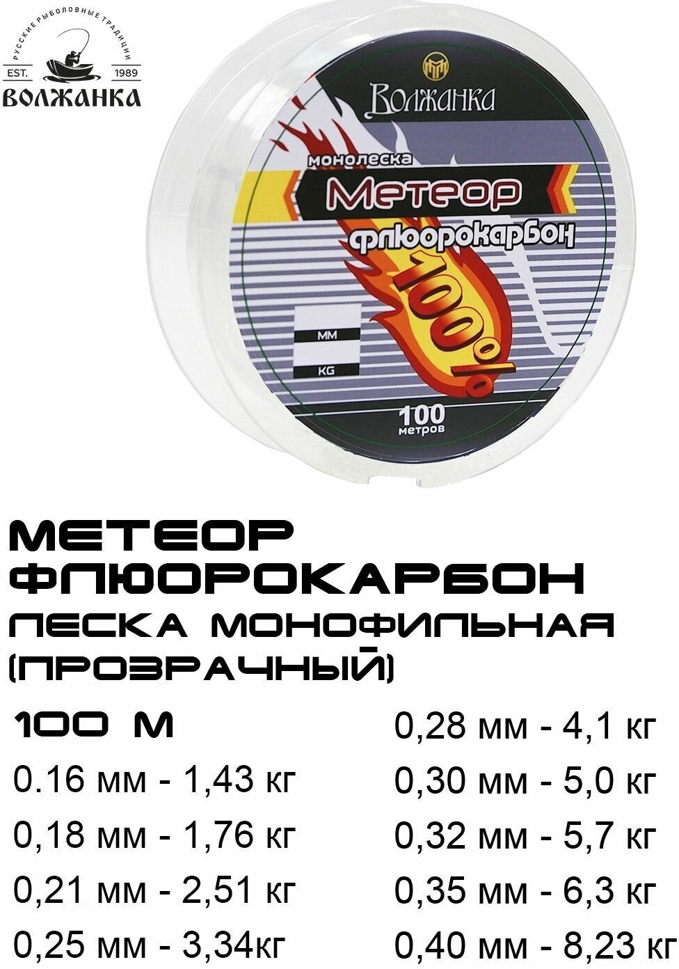 Леска из флюорокарбона "Метеор" 100м/0.16мм 1.43кг цв. прозрачный