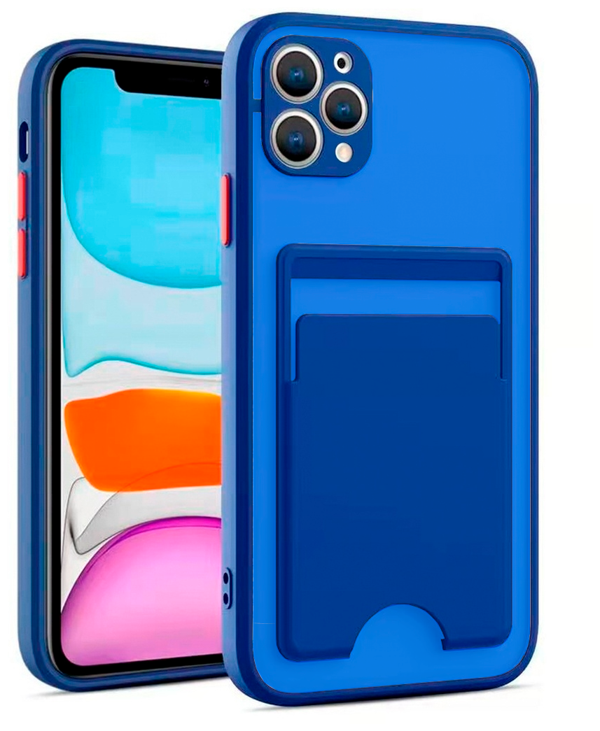 Чехол для iPhone 11 Pro Max с картхолдером/ Прозрачный с защитой камеры Apple/ С Кармашком для карты / Силиконовый с отсеком - ёмкостью / Синий