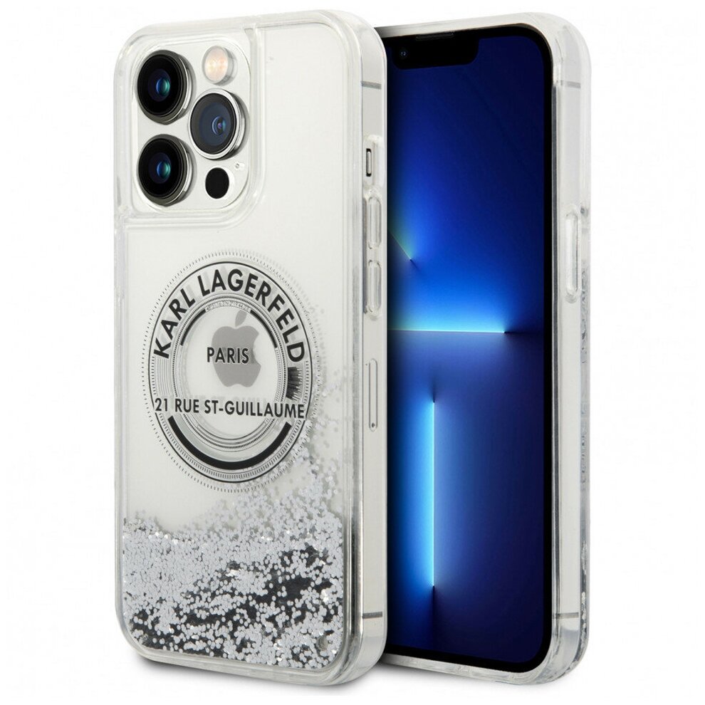 Karl Lagerfed Чехол Lagerfeld Liquid glitter RSG logo Hard для iPhone 13 Pro Max, серебристый