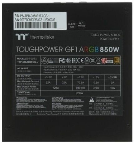 Блок питания THERMALTAKE Toughpower GF1 ARGB, 850Вт, 140мм, черный, retail [ps-tpd-0850f3fage] - фото №13