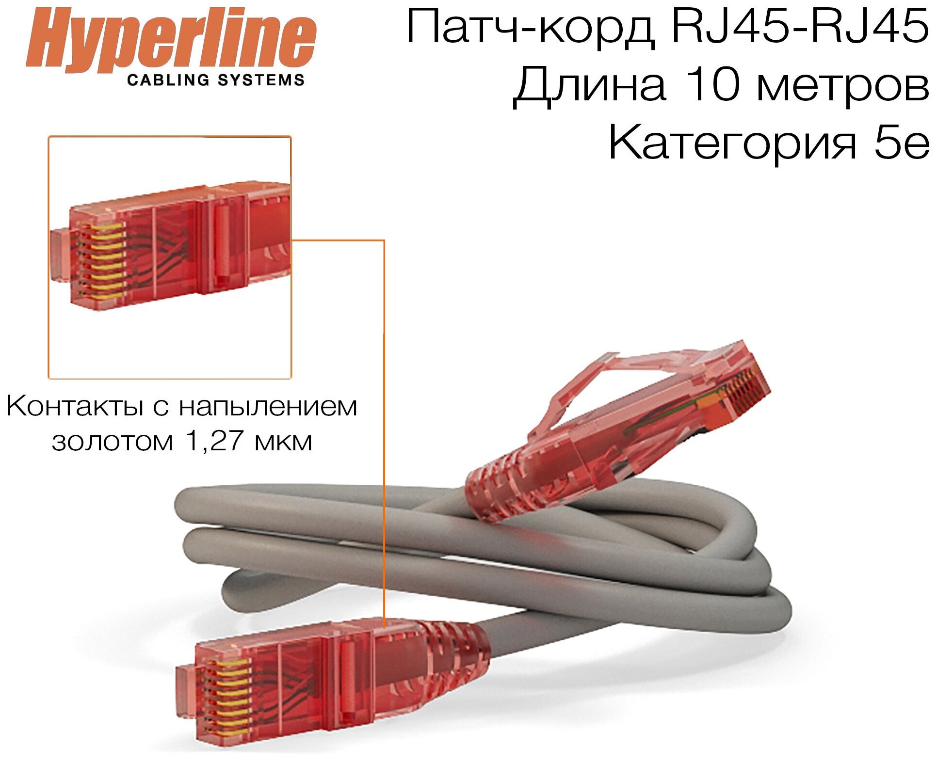 Патч-корд Hyperline U/UTP, сетевой кабель Ethernet Lan для интернета, категория 5e, витой, 100% Fluke, LSZH, 10 м, серый