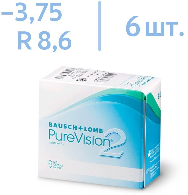 Контактные линзы Bausch & Lomb PureVision 2 HD, 6 шт., R 8,6, D -3,75, бесцветный, 1 уп.